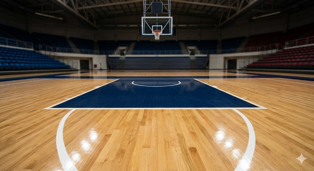 Immagine fotografica del legno lucido di un campo da basket indoor, inquadratura tecnica sull'area verniciata verso il canestro, tutto pronto per Brescia Milano Gara 2
