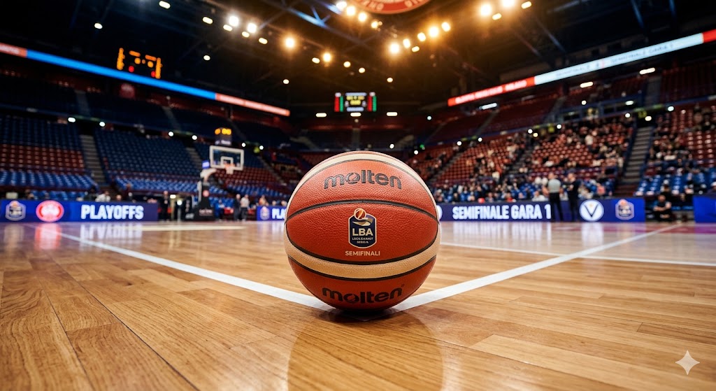 Dettaglio ravvicinato di un pallone da basket arancione appoggiato sul parquet lucido di un'arena sportiva illuminata, in attesa della semifinale LBA.