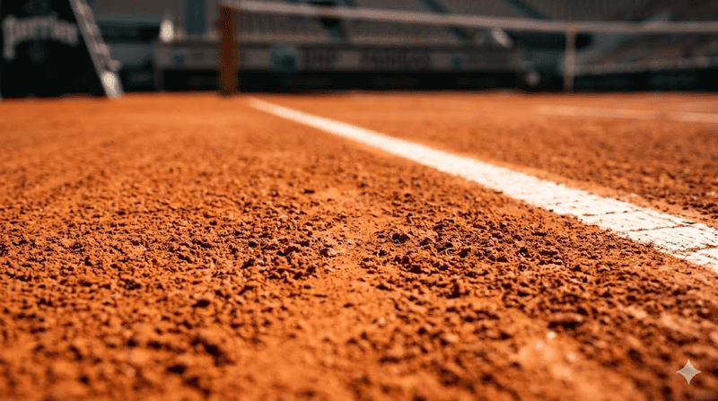 Dettaglio ravvicinato della superficie in terra rossa di un campo da tennis illuminato dal sole, con texture ruvida in primo piano.