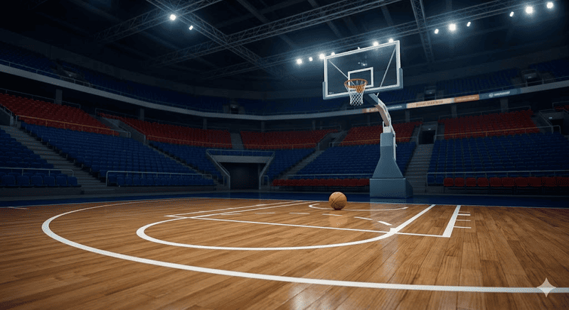 Campo da basket vuoto, con il canestro e il tabellone