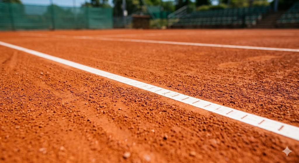 Fotografia ravvicinata della superficie in terra rossa di un campo da tennis professionale con le linee bianche perfettamente tracciate, in assenza di pubblico, loghi o giocatori.