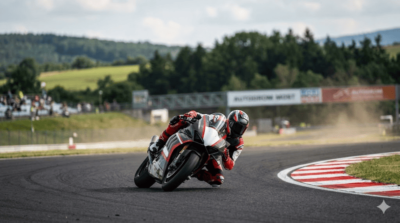 Moto da corsa ad alta velocità piegata in una curva stretta su un circuito asfaltato, in una giornata soleggiata.