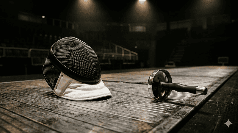 Dettaglio macro cinematografico di una maschera protettiva e un'arma da scherma appoggiate in primo piano su una pedana metallica, isolate sotto le luci teatrali di un'arena sportiva in penombra. Nessun atleta, volto o scritta presente.