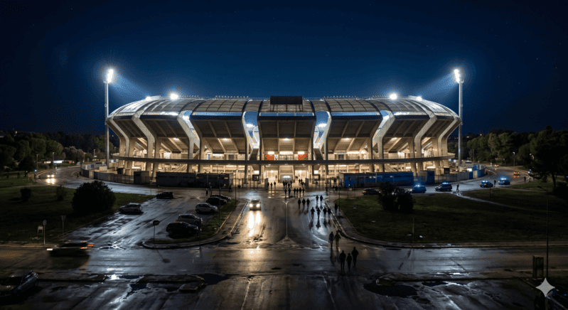 Stadio San Nicola di Bari in notturna, visuale esterna
