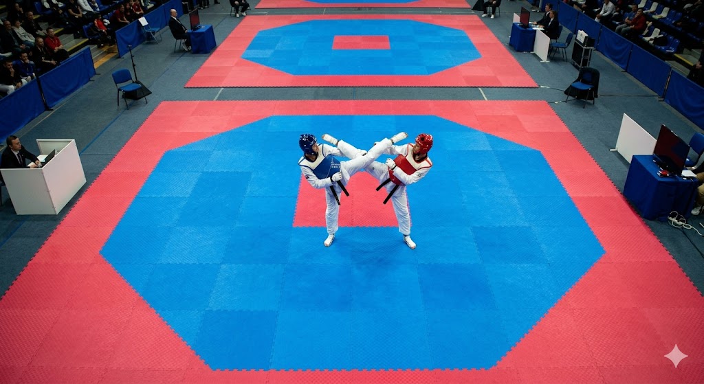 Due atleti internazionali di taekwondo si scambiano colpi durante un match del Grand Prix.