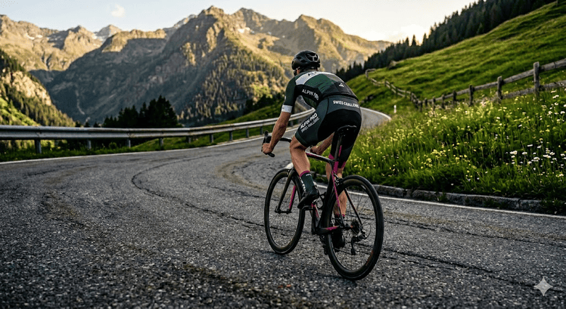 Asfalto montano in salita circondato da erba verde e montagne, in attesa del passaggio della tappa svizzera del Giro d'Italia verso Carì.