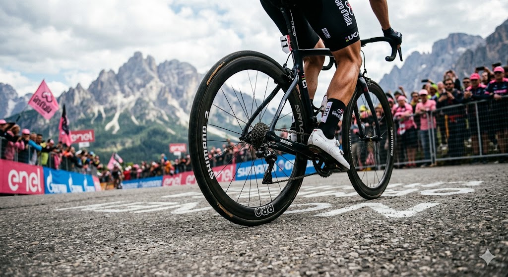 Dettaglio ravvicinato delle ruote di una bicicletta da corsa sull'asfalto di una ripida salita alpina, con in sella un corridore professionista al Giro d'Italia sulle Dolomiti.