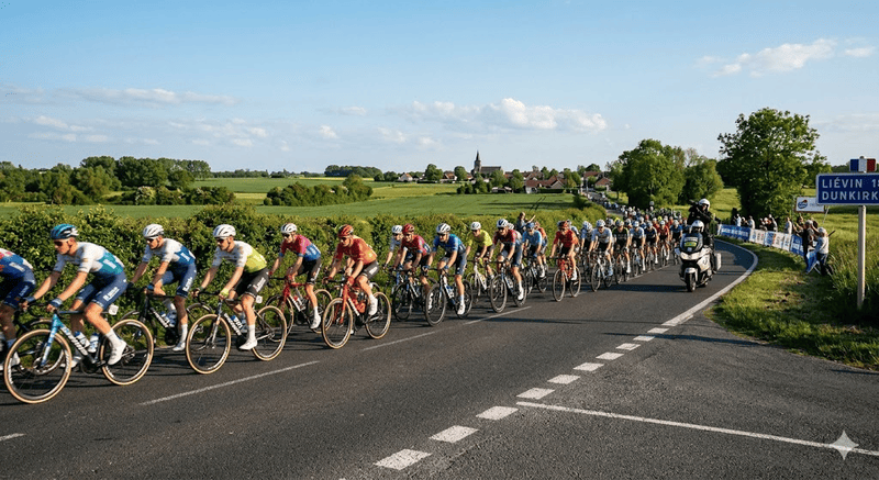 Plotone di ciclisti sfila sulle strade svizzere.