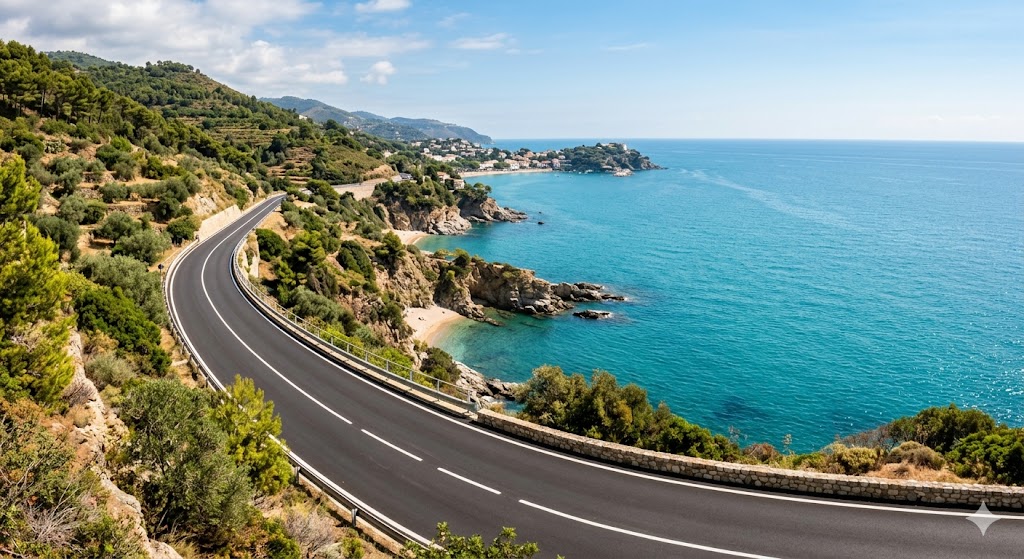 Strada costiera pianeggiante illuminata dal sole, con il paesaggio marittimo a fianco e un asfalto perfetto per il passaggio della seconda tappa del Giro d'Italia Women.