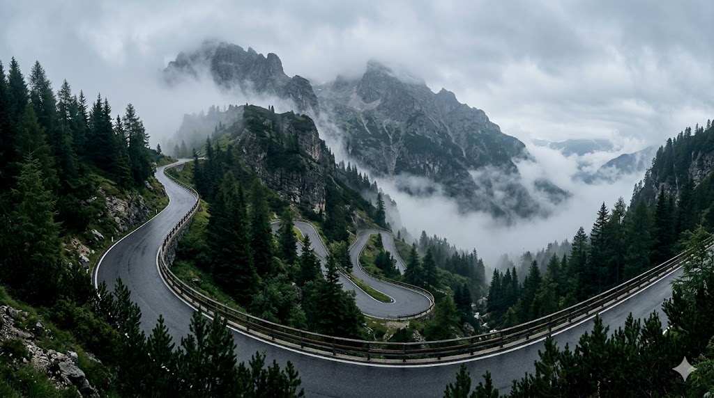 Strada asfaltata di montagna con ripidi tornanti, contornata da pini e montagne nebbiose, tipica di una tappa ciclistica.