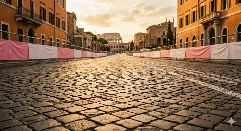 Dettaglio della pavimentazione a sampietrini tipica del centro di Roma, illuminata da una luce calda, pronta ad accogliere i ciclisti del Giro d'Italia, senza loghi o spettatori in primo piano.