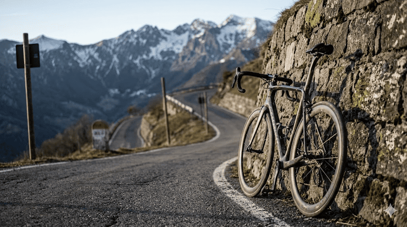 Una bicicletta da corsa da professionista appoggiata contro un muretto in pietra sul ciglio di una strada asfaltata di montagna, con curve a tornante che si inerpicano verso la vetta in lontananza.