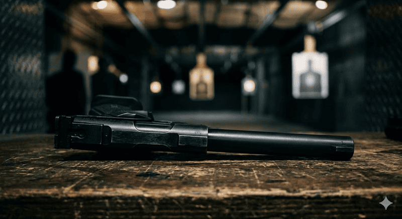 Dettaglio macro cinematografico della canna di una pistola sportiva appoggiata su un bancone di un poligono indoor con bersagli sfocati sullo sfondo. Nessun volto, nessun logo, nessuna scritta presente.