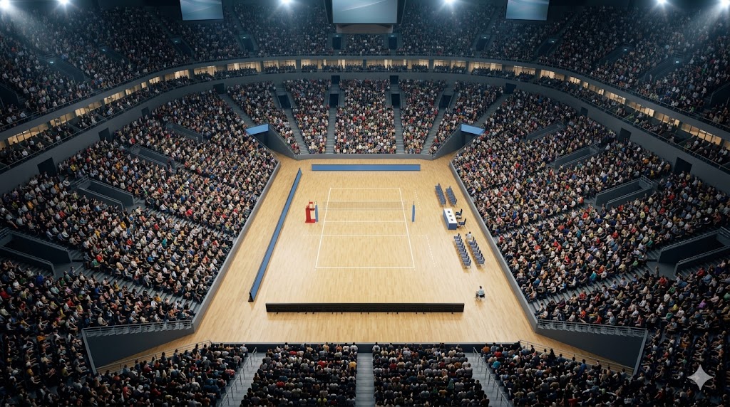 Palazzetto di volley visto dall'alto, pieno di gente, classico campo pronto per la VNL 2026