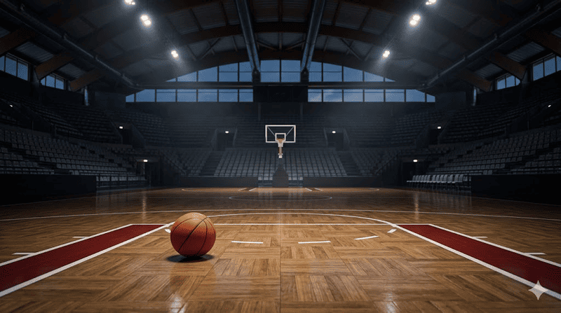 Pallone da basket sul parquet illuminato di un palazzetto dello sport vuoto in attesa di una partita dei playoff.