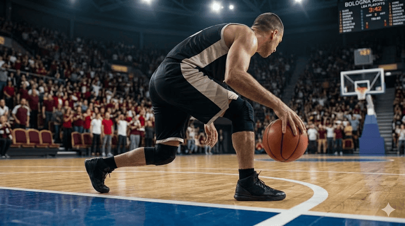 Giocatore di basket palleggia sul parquet
