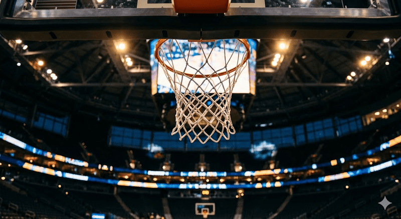 Dettaglio ravvicinato dal basso di una retina del canestro da basket illuminata dalle luci serali di un palazzetto dello sport sfocato sullo sfondo. Nessuna persona o scritta presente.