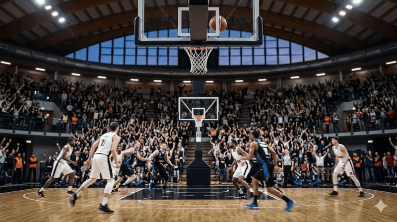 Partita in corso nella Virtus Arena piena di tifosi, con un'angolazione particolare da fondo campo.