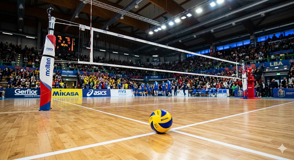 Rete da pallavolo professionale e pallone su un campo in parquet ben illuminato all'interno di un palazzetto dello sport.