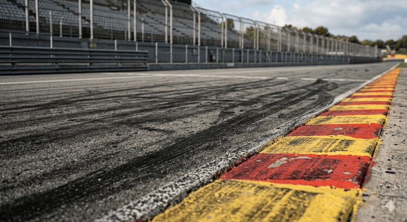 Dettaglio dell'asfalto gommato e di un cordolo rosso e giallo del circuito di Aragon, in attesa dell'inizio delle gare di Superbike.