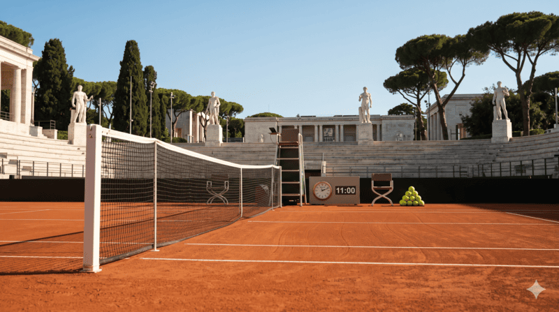 Il campo vuoto della BNP Paribas Arena al Foro Italico di Roma, Internazionali BNL d'Italia, prima del match Arnaldi-De Minaur