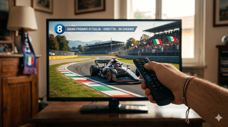Mano con telecomando che guarda la F1 in chiaro su TV8 a Monza