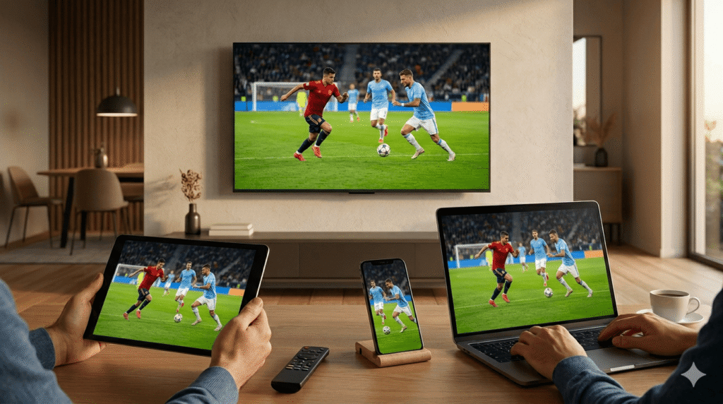 Fotografia realistica scattata all'interno di uno stadio che mostra un grande monitor curvo con visione a doppio schermo (split screen). La metà sinistra riproduce una partita di calcio in diretta (tifosi e campo verde), la metà destra mostra un'interfaccia digitale blu con dati sportivi. In primo piano, mani sfocate di tifosi con smartphone.