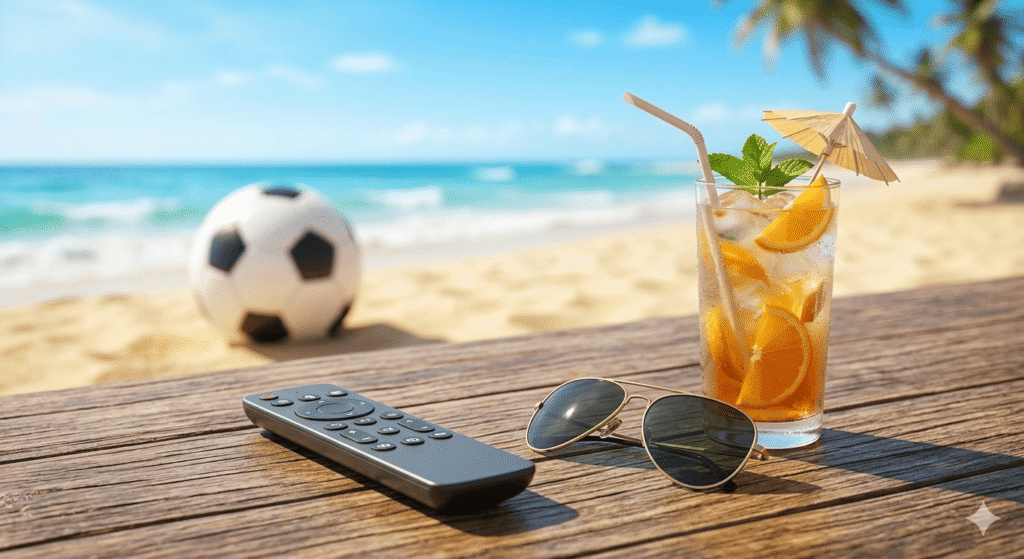 Telecomando, occhiali da sole e un drink fresco su un tavolo di legno in spiaggia con un pallone da calcio sullo sfondo, rappresentando il relax e lo sport durante la pausa estiva