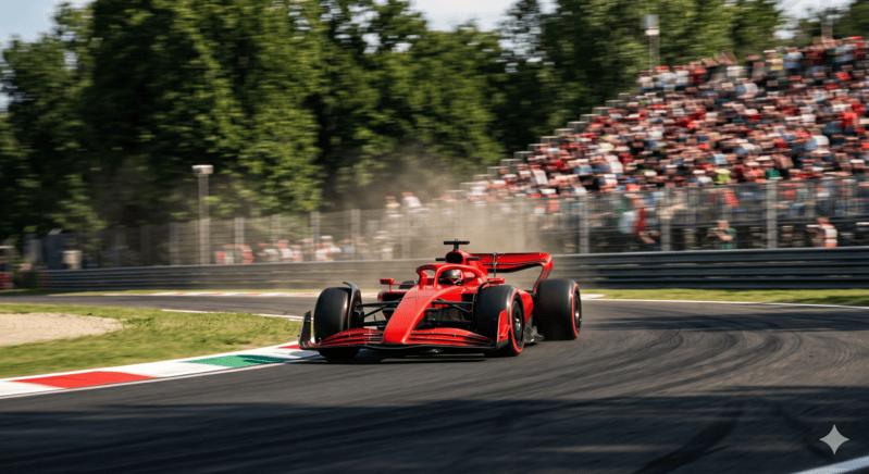 Una monoposto di Formula 1 Ferrari che attraversa il rettilineo d'arrivo dell'Autodromo Nazionale di Monza durante il GP d'Italia, scatto dinamico.