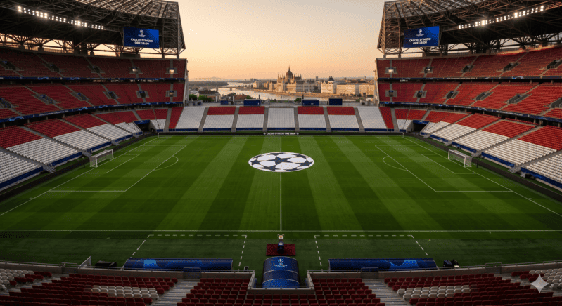 Fotografia grandangolare dell'interno della Puskás Aréna di Budapest, pronta per la finale di UEFA Champions League. Il campo presenta il logo della stella al centro, sedili rossi e bianchi vuoti e lo skyline di Budapest con il Parlamento visibile sullo sfondo sotto un cielo crepuscolare.