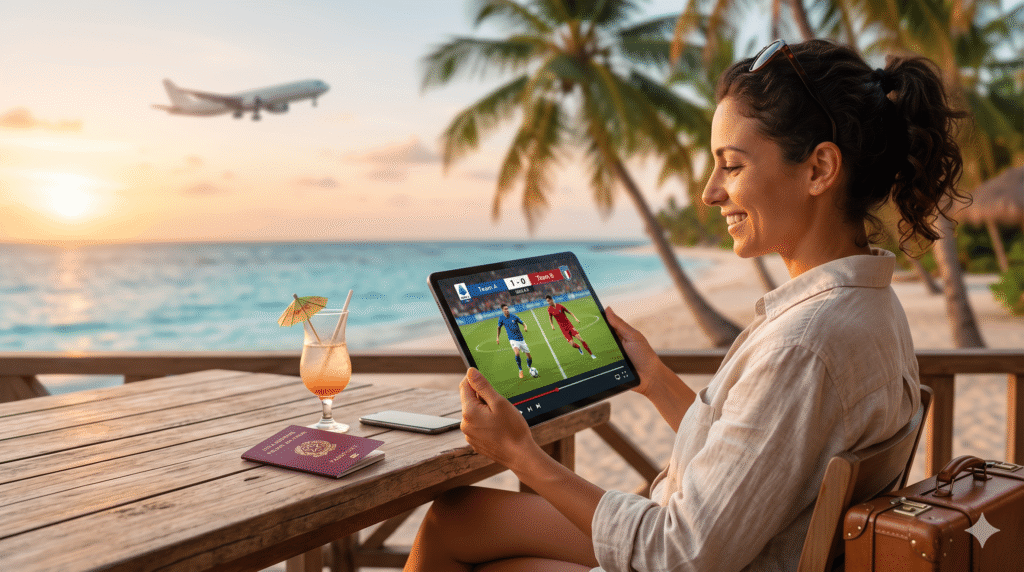 Tifosa italiana in vacanza su una spiaggia tropicale guarda una partita di calcio in streaming su un tablet, illustrando come guardare lo sport all'estero.