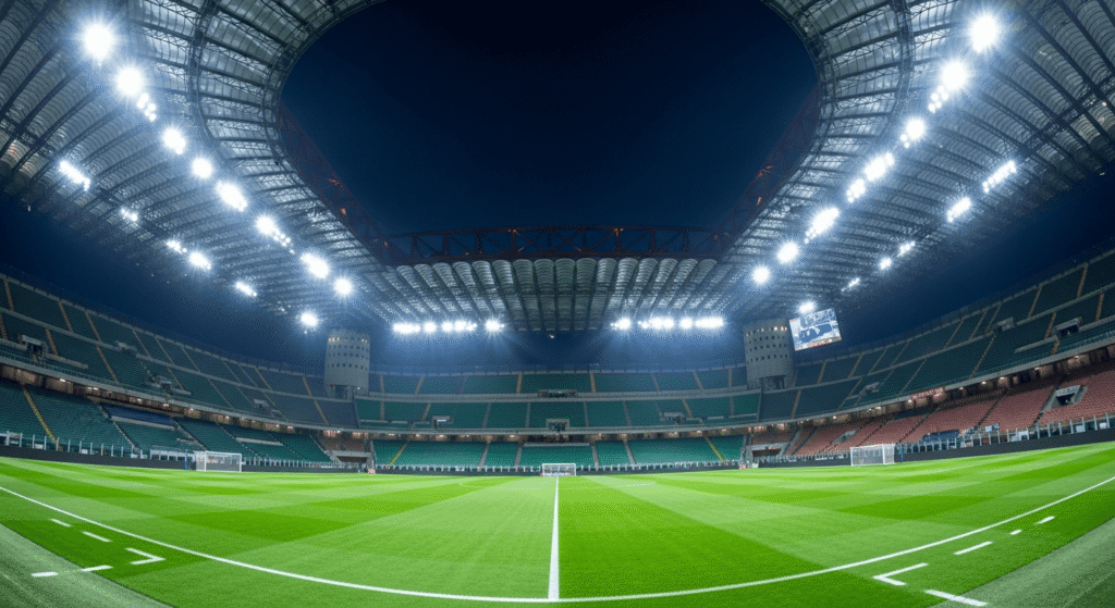 Stadio vuoto illuminato, atmosfera notturna