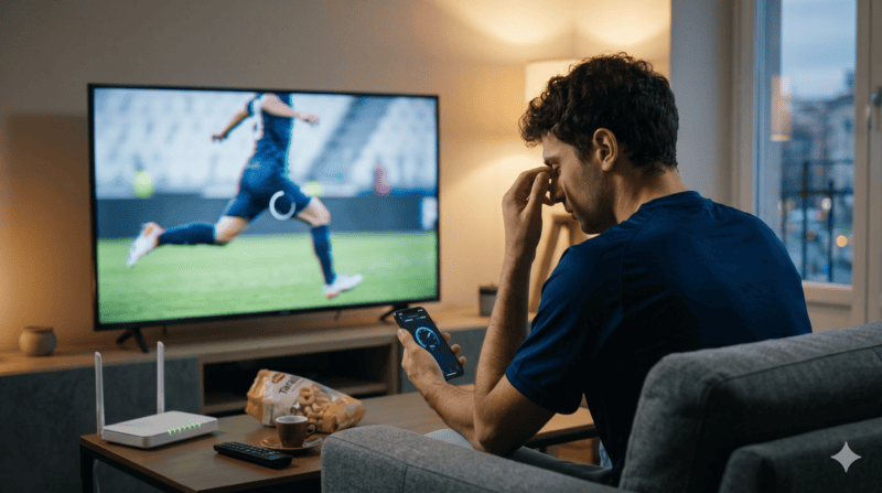Tifoso di calcio frustrato seduto sul divano davanti a una TV con un simbolo di caricamento a rotella che blocca l'immagine della partita, mentre controlla una app di test di velocità sul suo smartphone. Sul tavolo da caffè si vedono un router e una busta di snack.