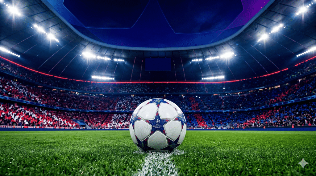 Pallone della Champions League sul prato di uno stadio illuminato per le semifinali tra Arsenal-Atletico Madrid e Bayern-PSG.