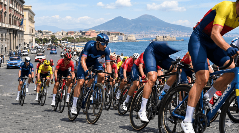 Ciclisti in volata verso Napoli durante la Tappa 6 del Giro d'Italia 2026.