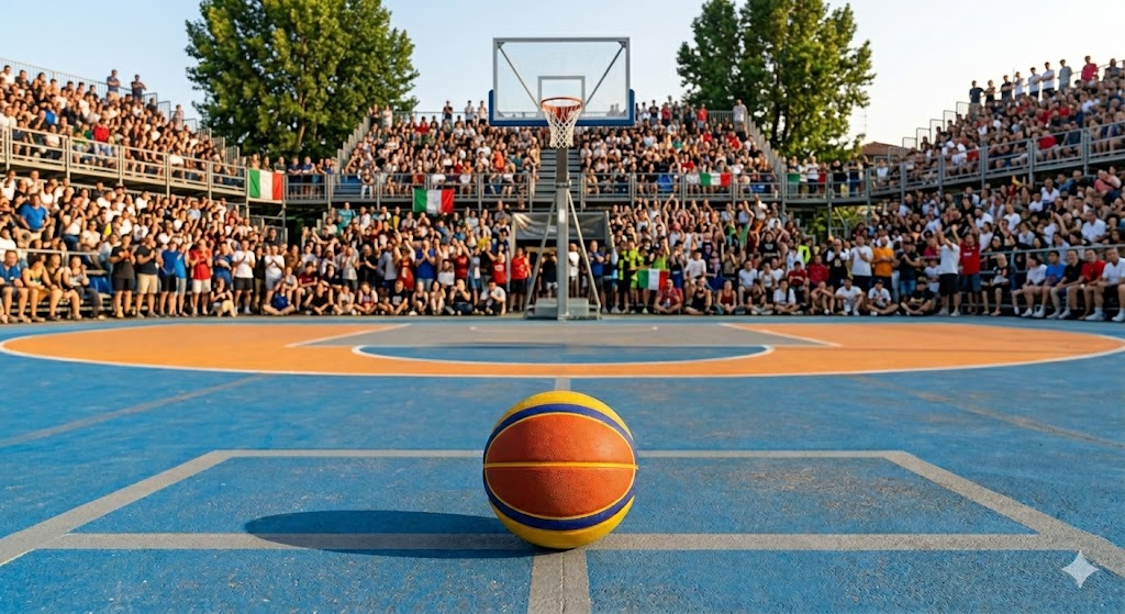 Pallone da basket su un campo esterno blu e arancione per tornei di 3x3.