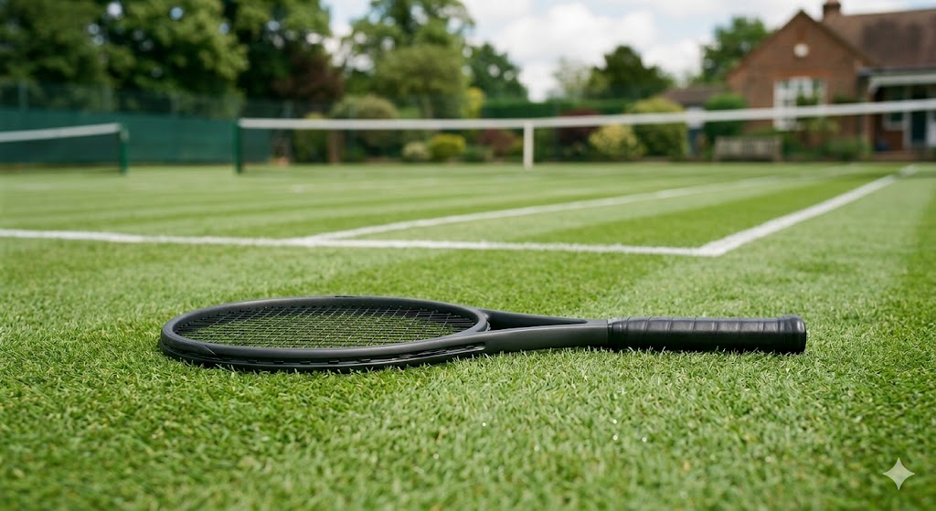 Un'elegante racchetta da tennis professionale in materiale composito scuro, priva di loghi o scritte, adagiata orizzontalmente sull'erba perfettamente tagliata a righe regolari di un classico campo da tennis
