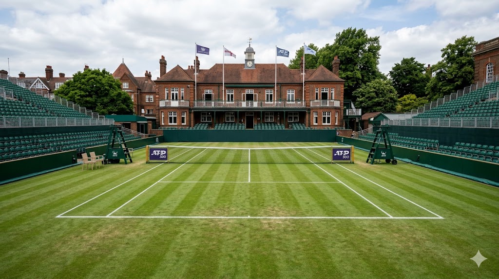 Campo dell'ATP 500 al Queen's pronto per l'inizio del torneo 2026.
