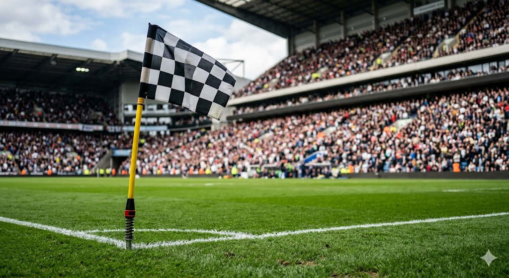 Fotografia fotorealistica e professionale di una bandierina del calcio d'angolo a scacchi posizionata su un curatissimo prato verde. L'inquadratura bassa cattura i fili d'erba e la linea laterale bianca, con la tribuna di uno stadio pieno sullo sfondo in attesa di Ascoli - Brescia.