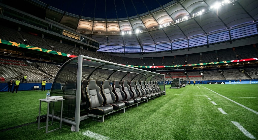 Fotografia ad alta risoluzione delle panchine di bordo campo in un grande stadio coperto moderno (stile BC Place). Sedili sportivi in pelle vuoti, in attesa del match tra Australia e Turchia. No scritte.