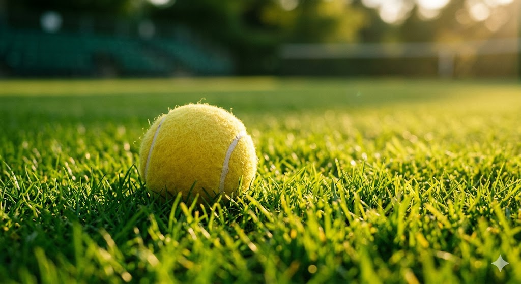 Pallina da tennis su un campo prima dell'inizio di un match ufficiale a Wimbledon.