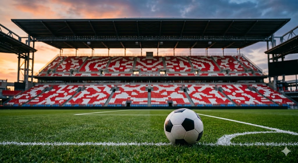 Pallone da calcio sul prato verde del Toronto Stadium durante il tramonto.