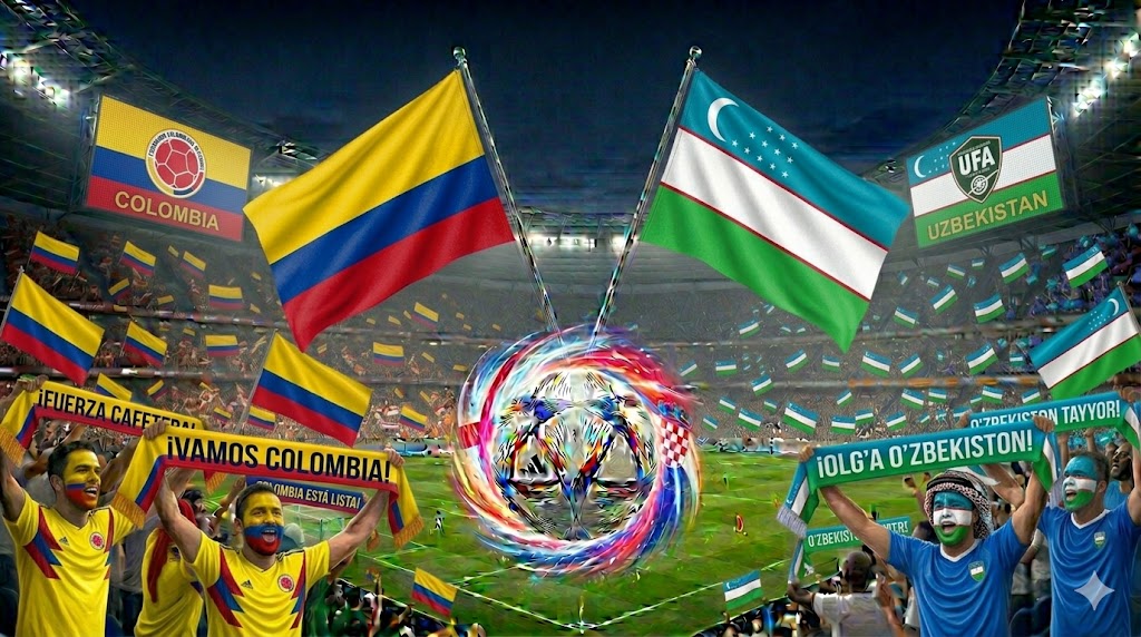 Tifosi di Colombia e Uzbekistan scatenati sugli spalti prima del fischio d'inizio.