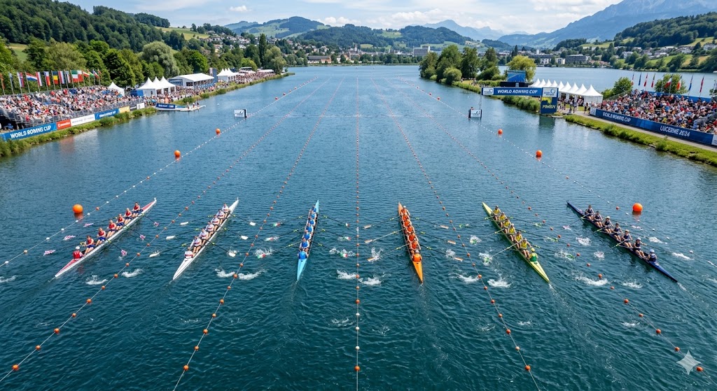 Gara in corso di svolgimento durante la Coppa del Mondo di canottaggio a Plovdiv nel 2026.