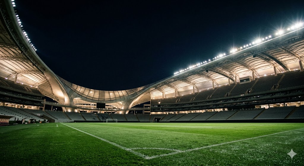 Veduta notturna esterna dell'Estadio Omnilife illuminato per una partita dei Mondiali 2026.