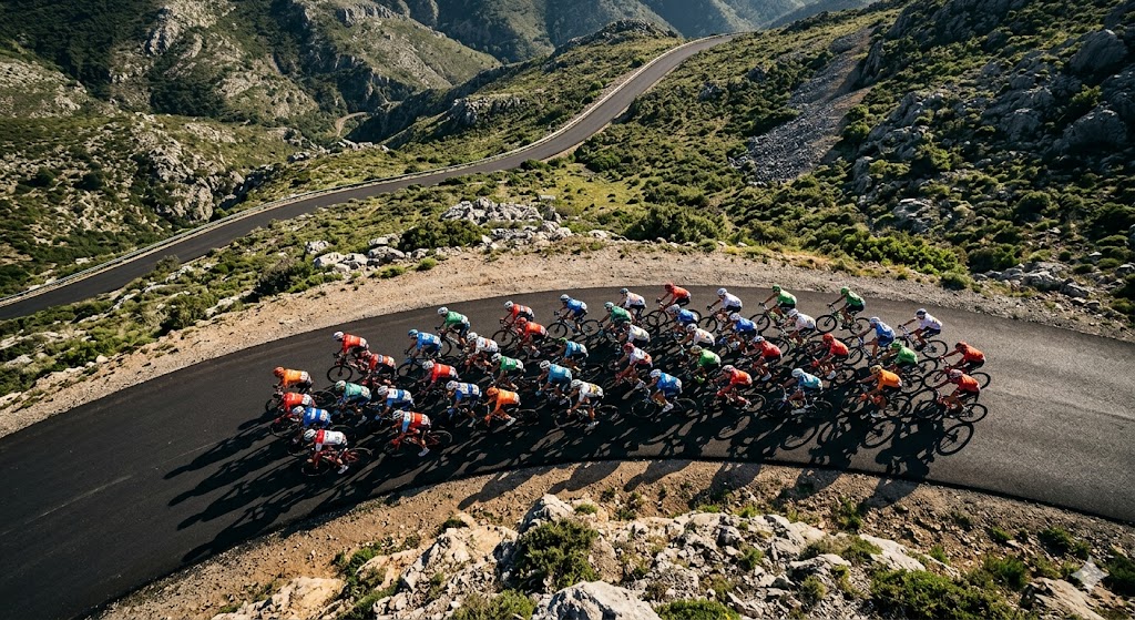 gruppo di ciclisti professionisti, visti dall'alto, impegnati in una gara professionistica sulle strade francesi.