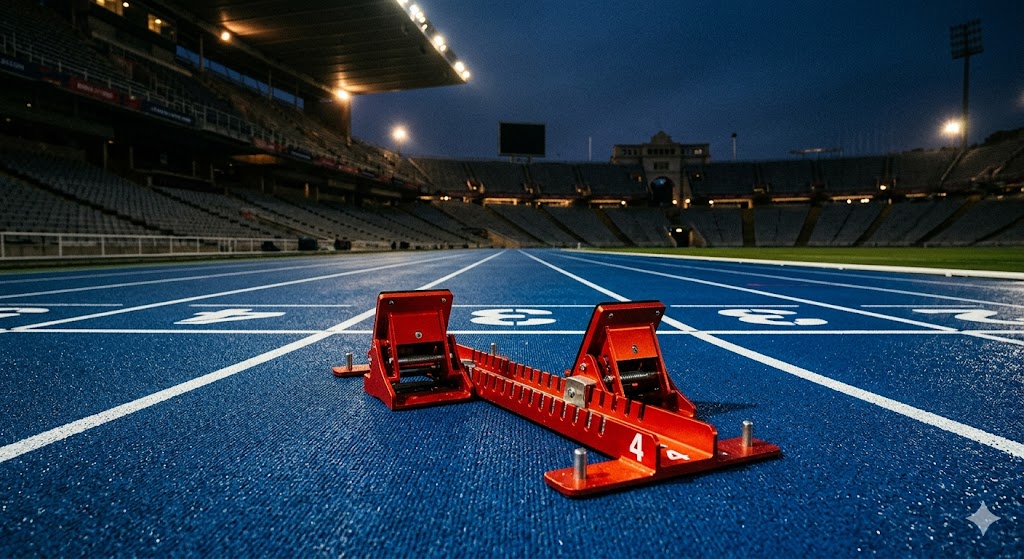 Blocchi di partenza rossi su una pista di atletica azzurra pronti per il meeting Diamond League di Oslo.