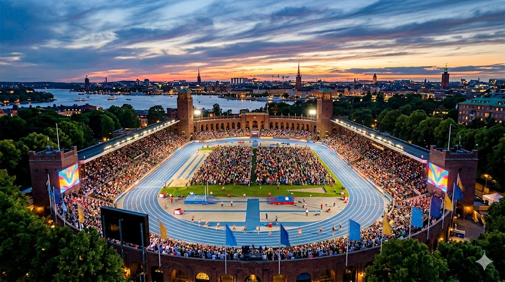 Visuale dall'alto dello stadio pieno durante la Diamond League di Stoccolma.