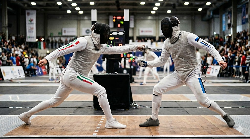 Schermidore italiano sfida uno estone durante gli Europei di scherma 2026.