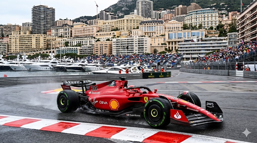 Fotografia fotorealistica e di alta qualità deL circuito di Monaco. C'è una Ferrari 2026 impegnata in pista.